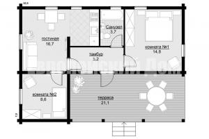 منزل 70 m2 مع غرفتي نوم وشرفة كبيرة مفصل تخطيط +